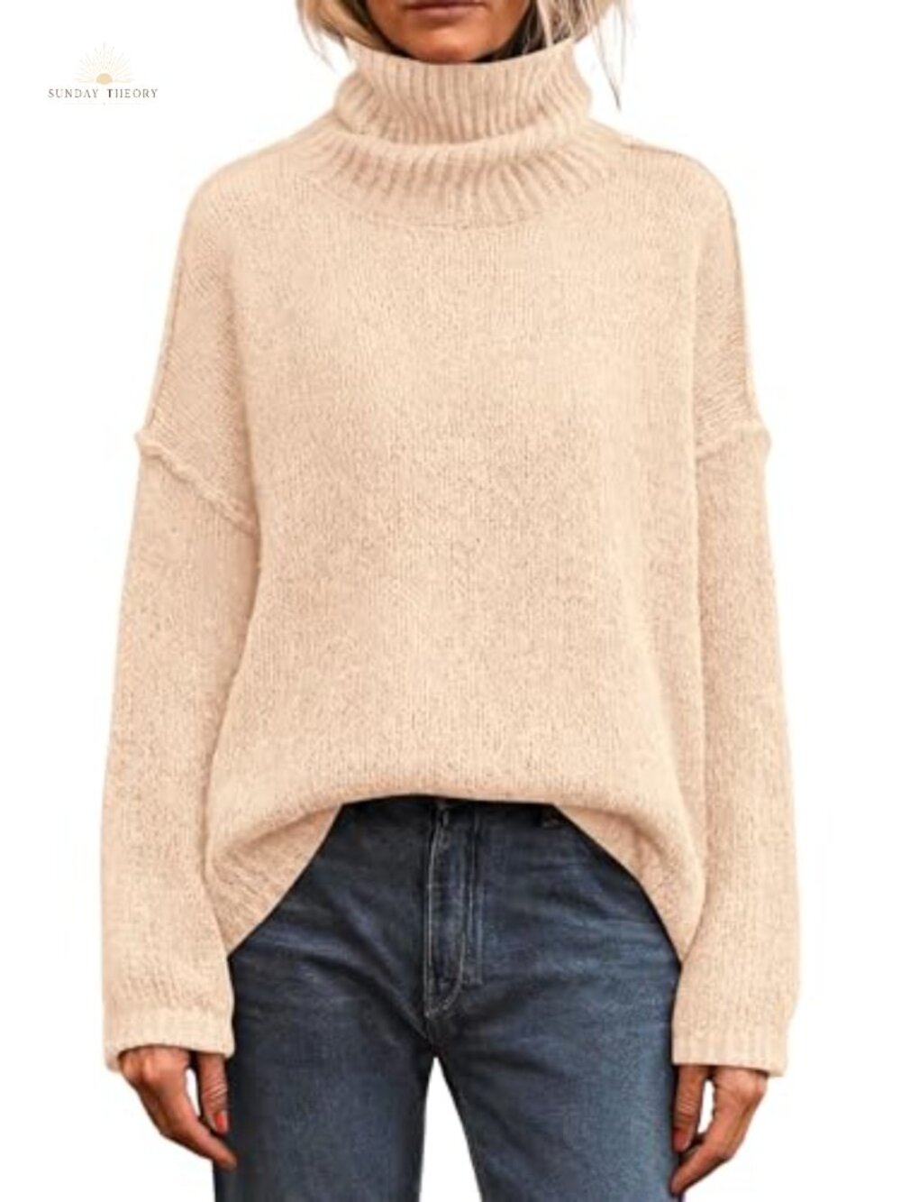 Womens Turtleneck Long Sleeve Chunky Knit Oversized Pullover Sweater